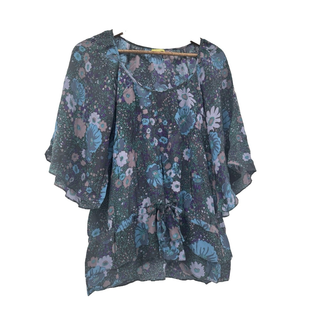 GIANNI BINNI silk floral blouse tie waist fairy ethereal light flare sleeve M